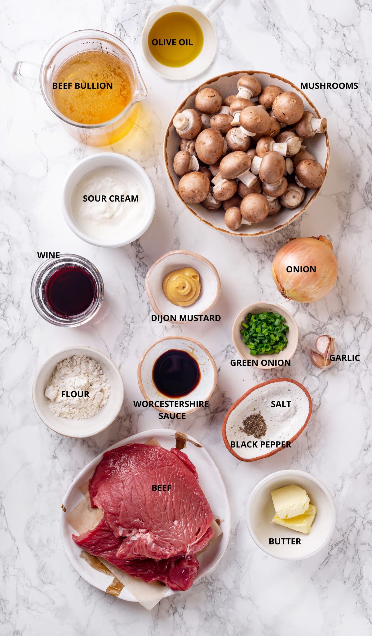 the ingredients for beef stroganoff including beef bouillon, olive oil, mushrooms, sour cream, onion, wine, dijon mustard, green onion, garlic, flour, worcestershire sauce, salt, black pepper, butter, and beef