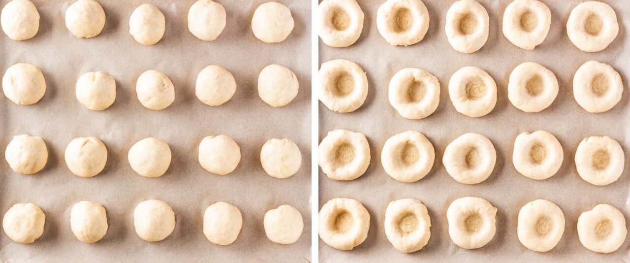 A baking sheet with Russian vatrushki dough balls. 