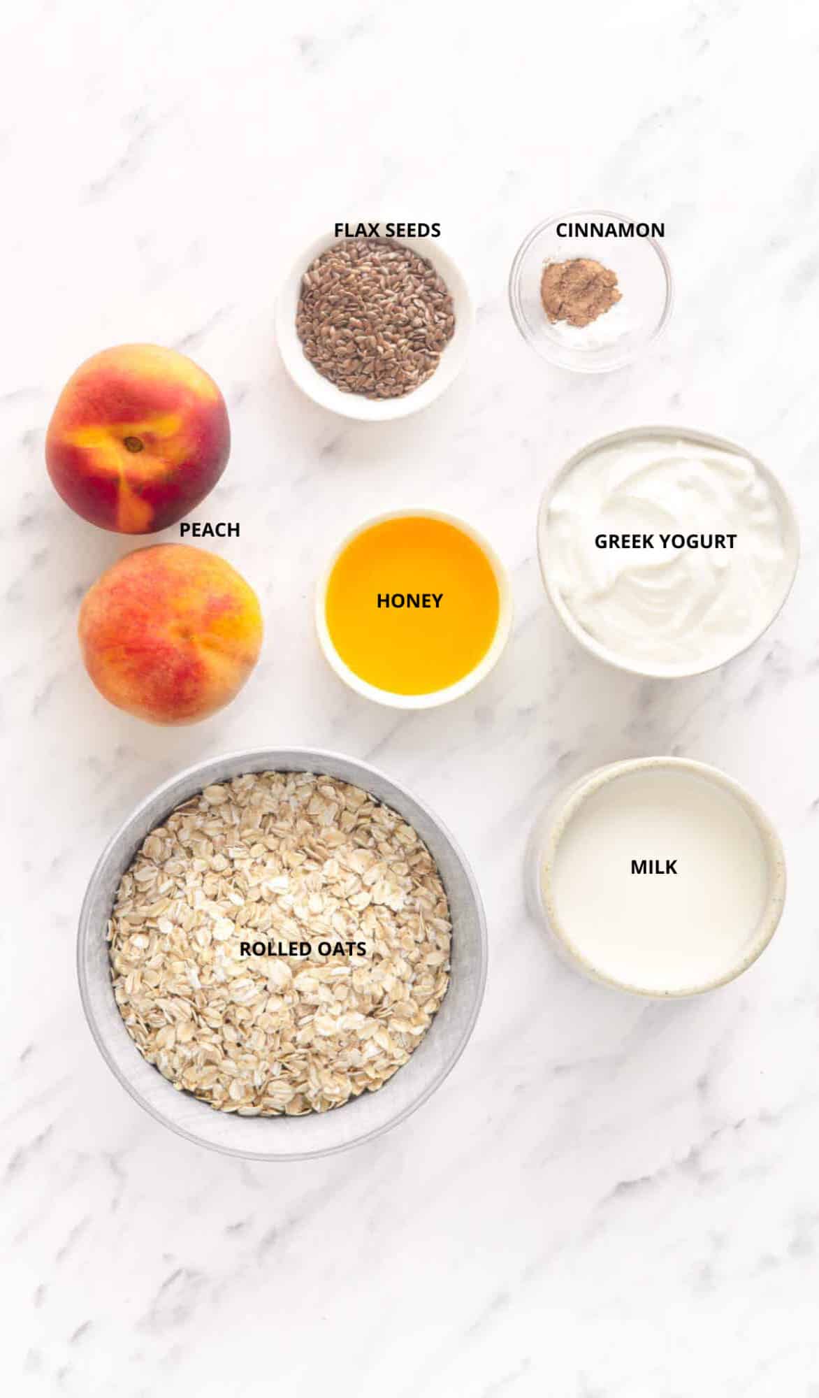 Peach Overnight Oats ingredients for rolled oats with yogurt, peach, cinnamon and flax seeds.